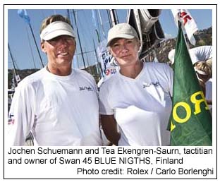 Jochen Schuemann and Tea Ekengren-Saurn tactitian and owner of Swan 45 BLUE NIGTHS Finland, Photo credit: Rolex / Carlo Borlenghi